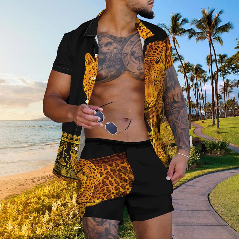 

Men's Tracksuits Summer Hawaiian Clothing Male Lion Animal Print Casual Short Sleeve Button Shirt Beach Street Resort Men's Two PiecesMe, Ttb2-124