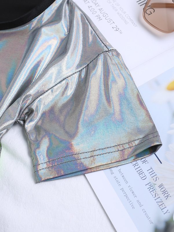 Toddler Girls Contrast Binding Holographic Belted Metallic Dress SHE