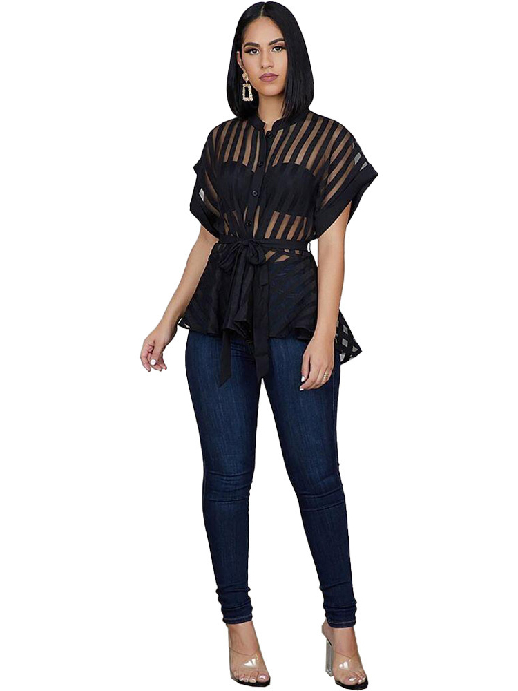 Women Shirts Transparent See Through Short Sleeves with Waist Belt Buttons Sexy Blouses Tops Femme Spring Summer Fashion Bluas 220516