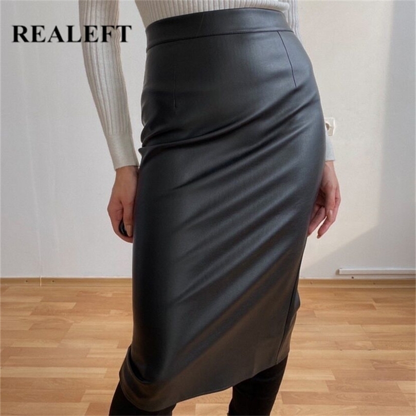 REALEFT Women Black PU Leather Pencil Wrap Skirts Autumn Winter High Waist Zipper Front Split Sheath Long Female 220317