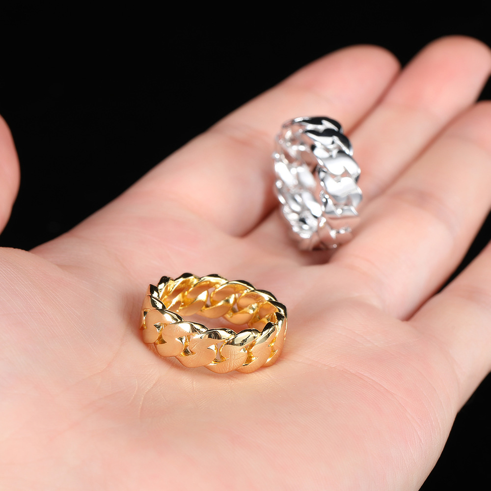 Hip Hop Shining Band Rings 18k Real Gold Plated Cuban Chain Finger Circel Jewelry