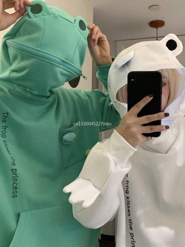 Unisex Frog Zipper Hoodie Fleece Lined Springtime Embroidery oversized Sweatshirt Harajuku Warm Pullover Korean Style Dropship 220817