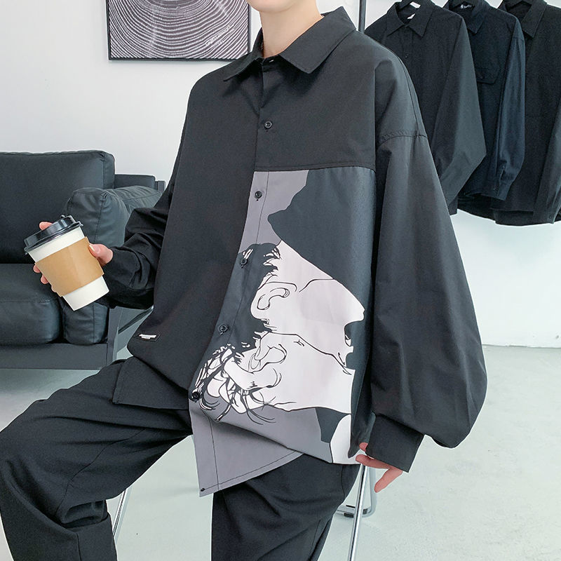Men's Printing Long Sleeve Cargo Shirts Camisa Masculina Streetwear Lapel Collar Clothes Grey/black Nice Size M-5XL 220322