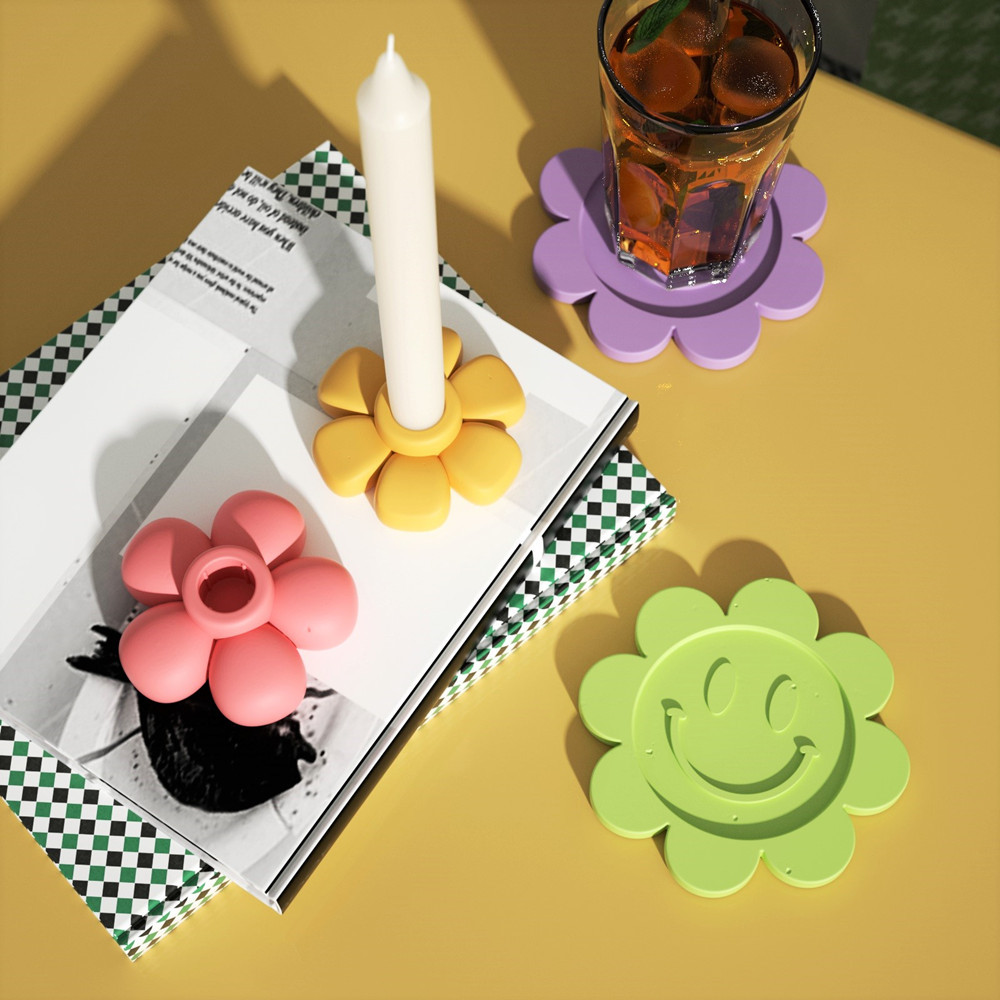 Floral Smiley Face Candle Holder Concrete Mold Silicone Cement Candlestick Coaster Mould Home Collection Tray Decoration Tool