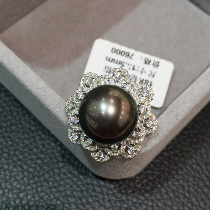 13-14MM Natural black pearl ring 18K whtie gold with diamond tahiti pearl flower big pearl ring fine women jewelry