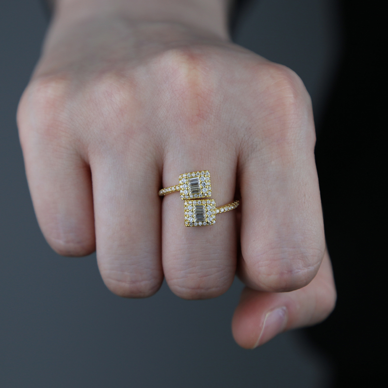 Adjustable Open Heart Cz Ring Women Lady Iced Out Baguette Cubic Zircon Rose Gold Square Rings Fashion Jewelry for Mothers' Day