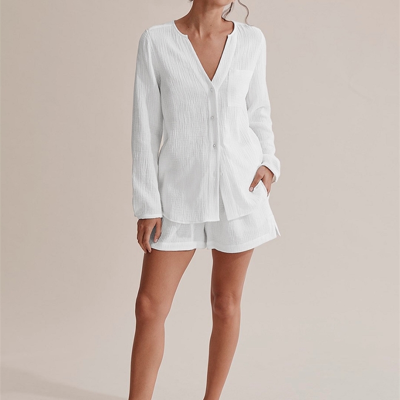 100%Cotton Autumn Sleepwear Suits With Shorts Pijama Pocket Nightwear Single Breasted Women's Nightgown Full Sleeve Women Pajama 220329