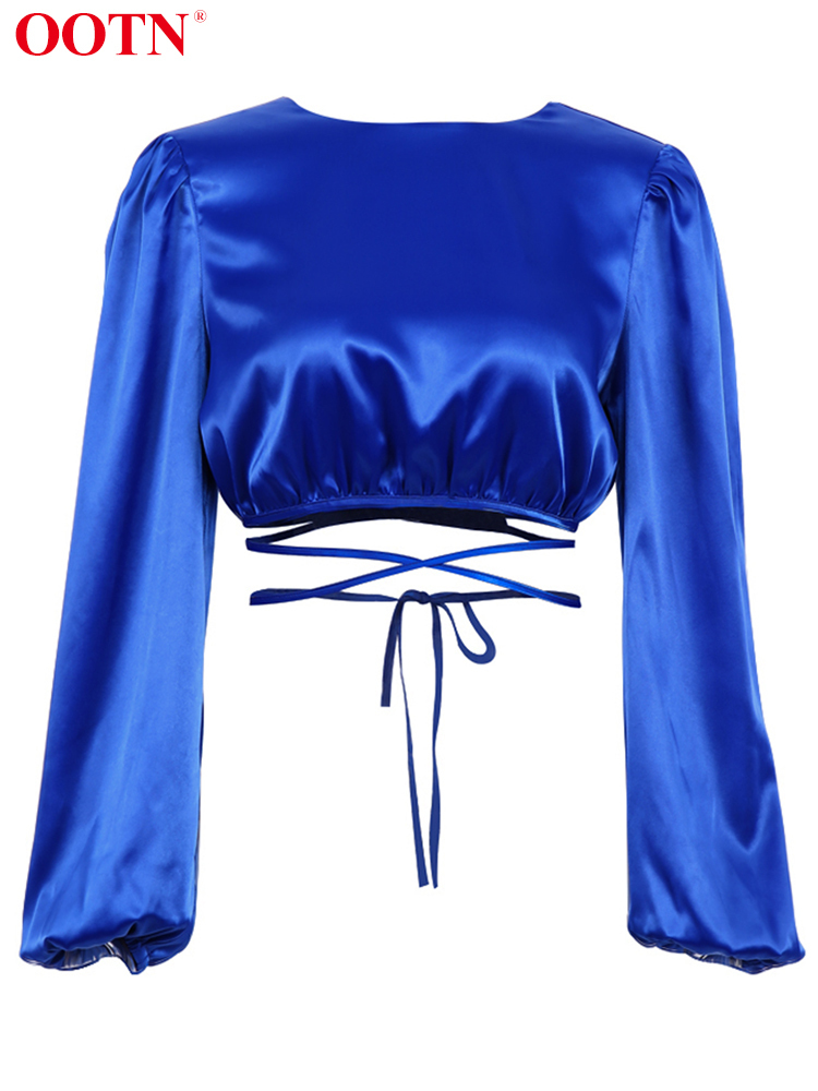 OOTN O-Neck Blue Spring Summer Blouse Woman Lace Up Sexy Backless Crop Top Long Sleeve Wrap Top Ladies Elegant Women Satin Shirt 220407