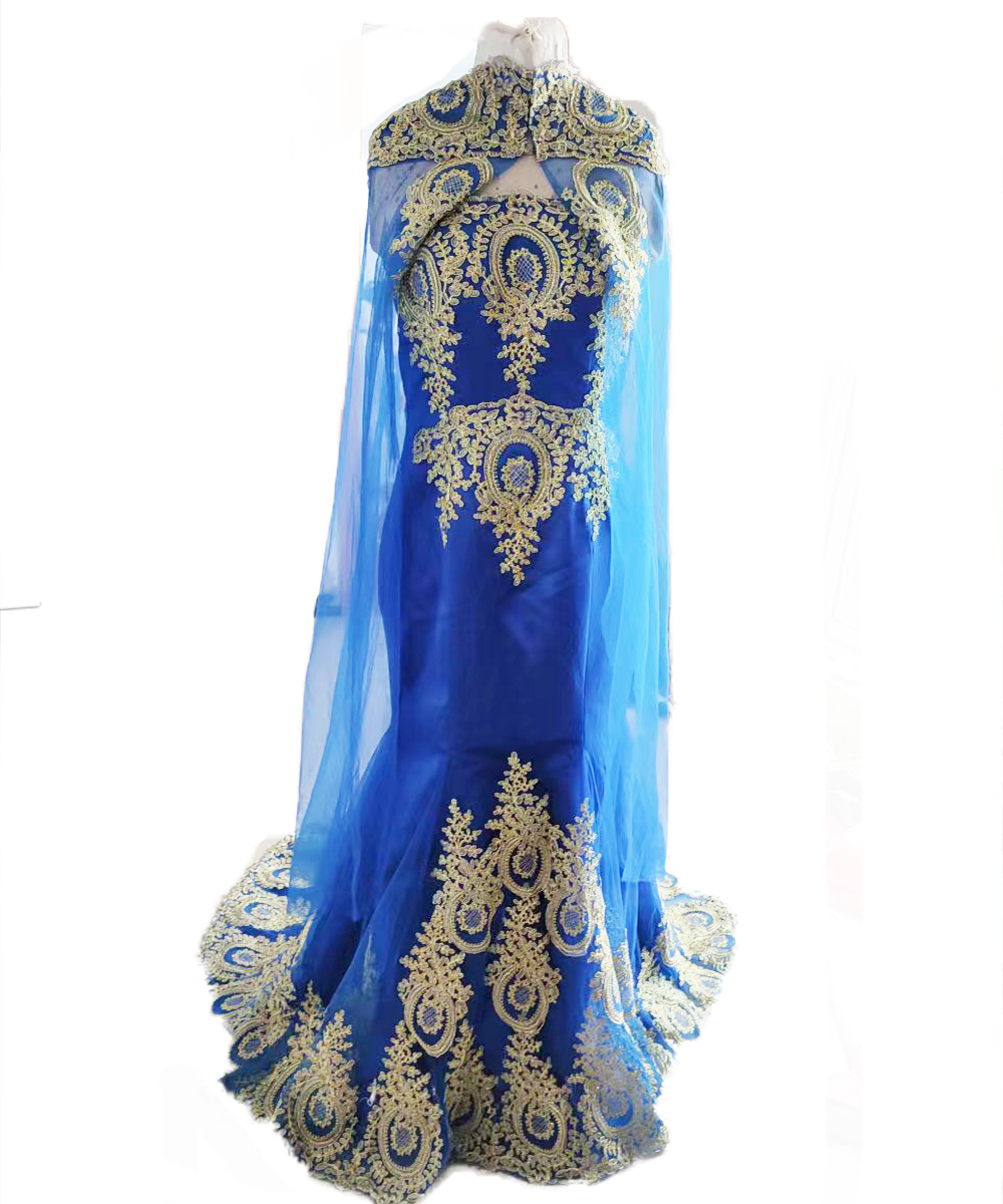 Vintage Dubai Arabic Evening Dress 2022 With Cape Royal Blue Gold Lace Mermaid Prom Dress Muslim Morrocan Caftan Robe De Mariage Special Occasion Form