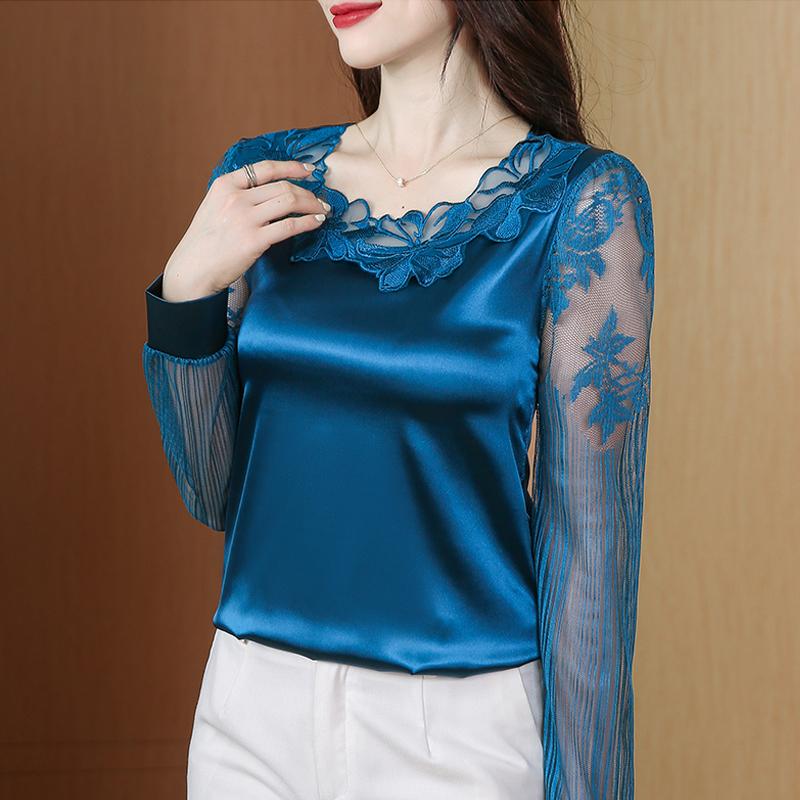 Womens Blouses Shirts M-4Xl Elegant Long Sleeve Lace Shirt Stitching Satin Blouse Fashion Women Flower Pullover Tops Casual Clothin