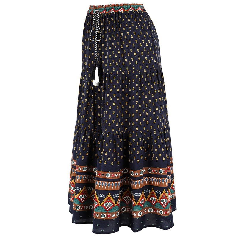 Fashion Bohemian Long Skirt Women's Elegant Holiday Summer Casual High Elastic Waist Floral Print Sea Blue Retro 220317