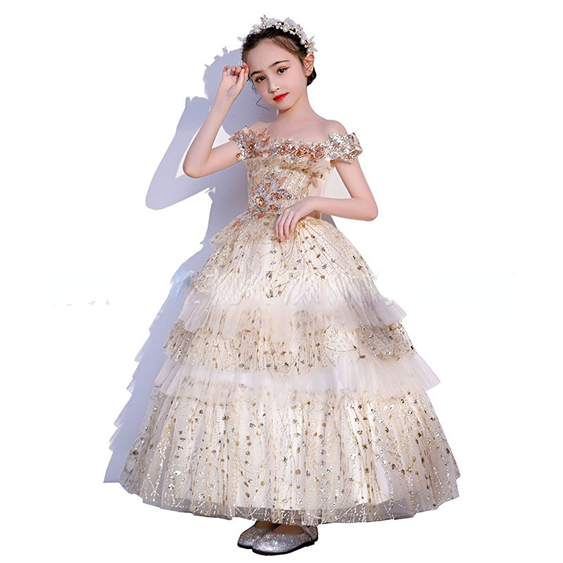 Pageant For Girls Off Shoulder Wer Girl Dresses White Ivory Champagne Kids Ball Gowns Wedding Dress Sash Beading Belt 403 6660311