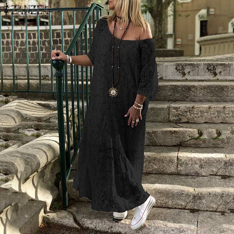 ZANZEA Women Lace Crochet Maxi Long Dress Summer O Neck 3 4 Sleeve Party Vestidos Robe Femme Bohemian Sundress Casual 220613
