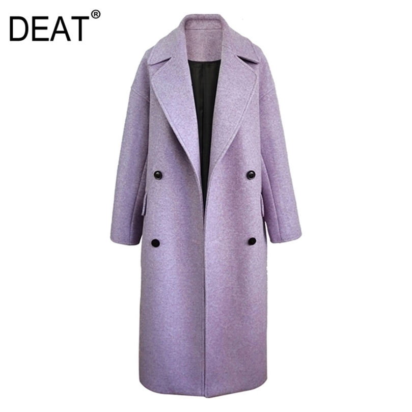 DEAT Autumn Fashion Women's Woolen Coat Full Sleeve High Street Purple Lapel Collar Solid Loose Wild Elegant TX254 201221