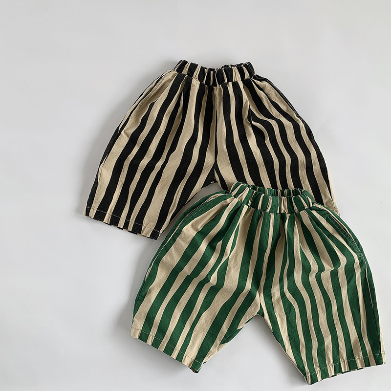 Kid Boy Personality Irregular Stripes Calf-length Pants Cute Baby Girl Fashion Breathable Thin Cotton Trousers 220512