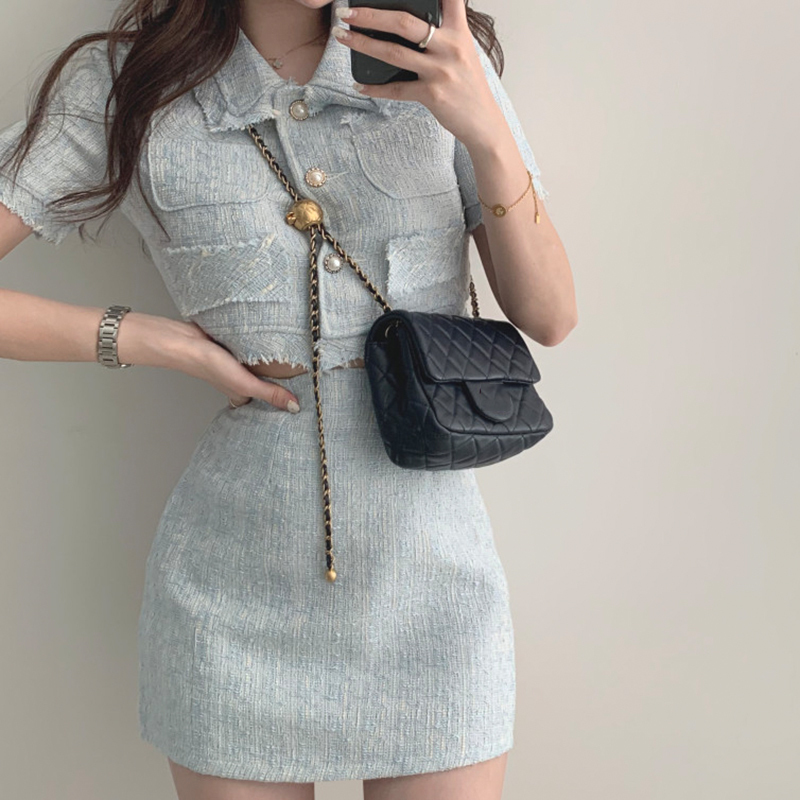 Women Summer Two 2 Piece Set Korean Style Elegant Single Breasted Tassel Short Sleeve Tops and High Waist Bodycon Mini Skirt 220602