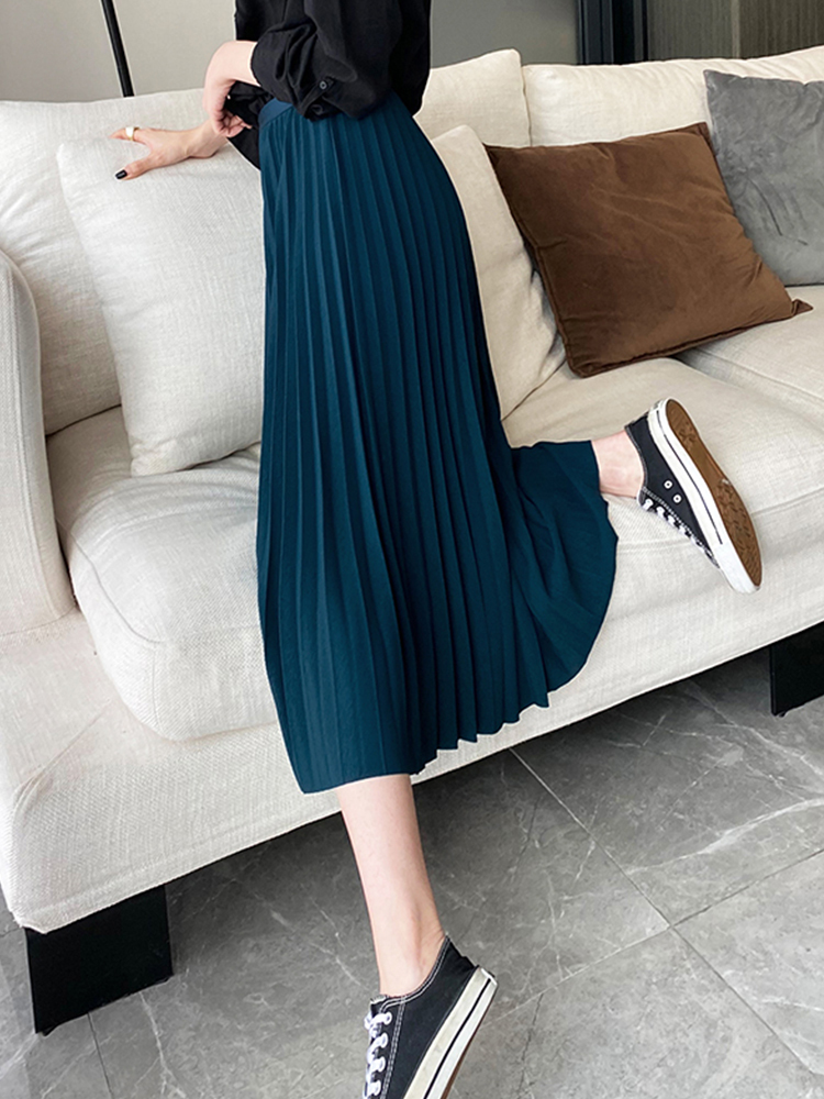 TIGENA Elegant Pleated Long Skirt for Women Autumn Casual Solid All-match A Line High Waist Mid-length Female Green 220317