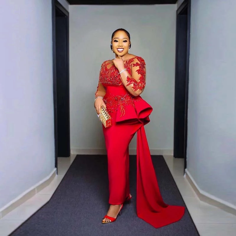 Satin Appliques Elegant Red Mermaid Evening 2022 Aso Ebi Sheer Mesh Long Sleeve Formal Ocn Dresses