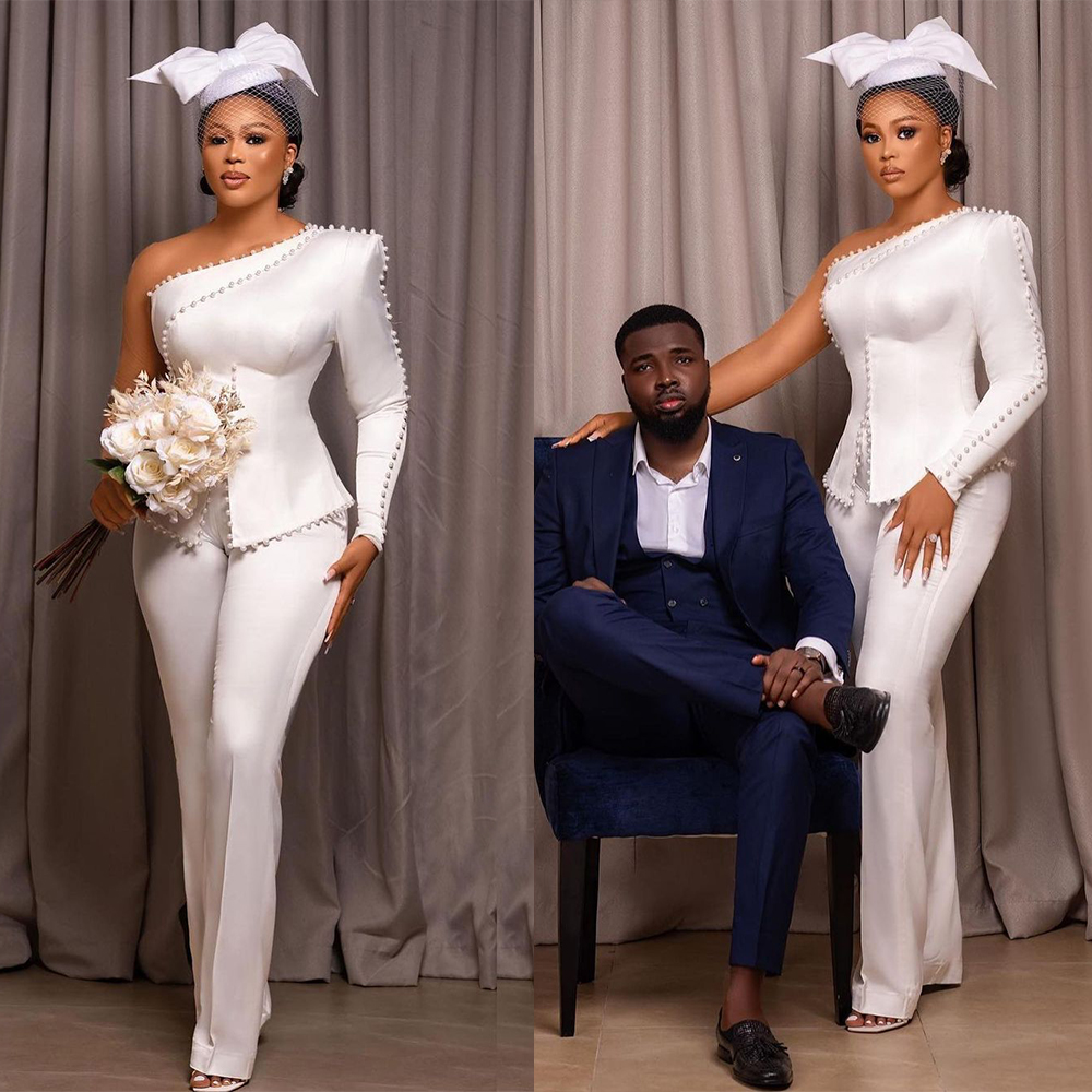 Vintage Two Pieces Mother Of The Bride Dresses One Shoulder Pearl Wedding Guest Dress Plus Size Pencil PantsFormal Gowns