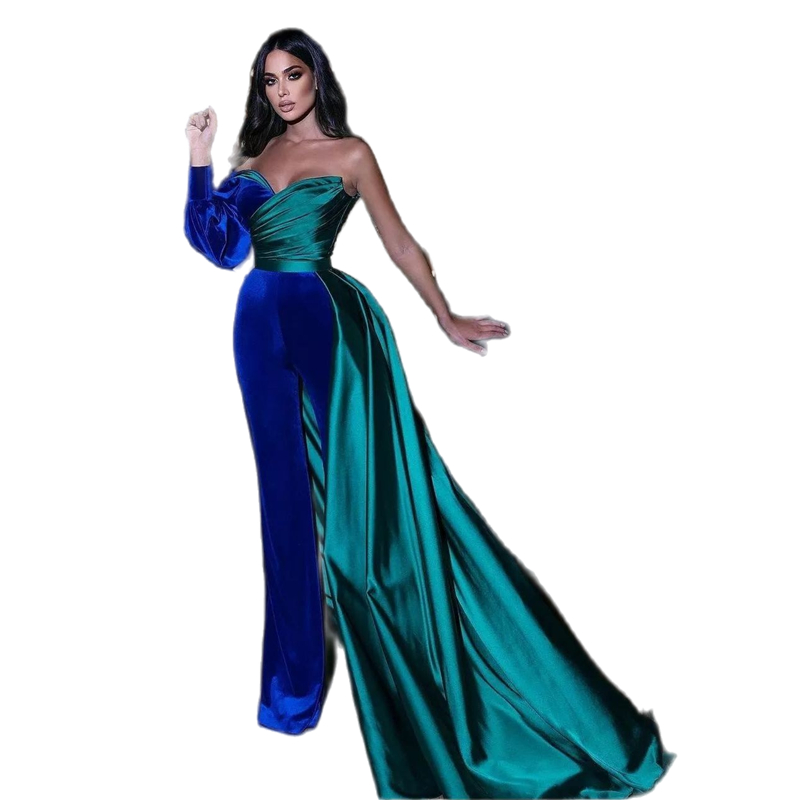 Chic Royal Blue and Green Jumpsuits Evening Dresses One Shoulder Custom Occasion Prom Dresses Celebrity Party Gowns For Women Velvet Satin Robes de so