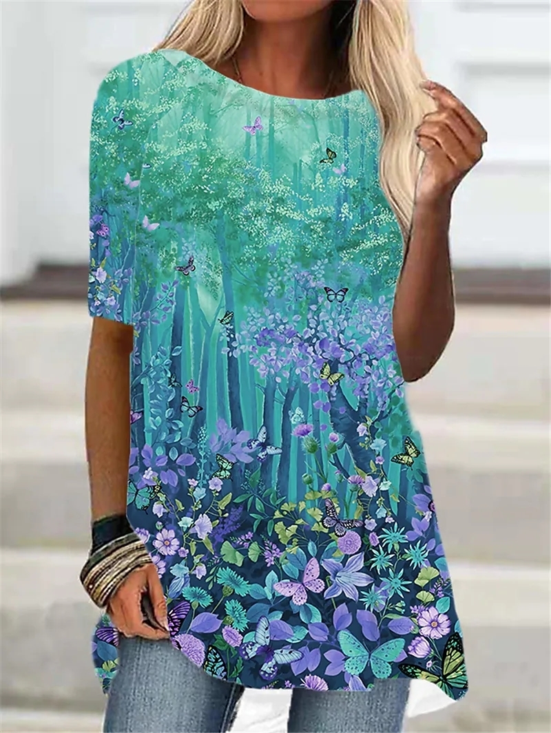 Women s T Shirt Green Blue Red Short Sleeve Floral Gradient Print Top Autumn Summer Round Neck Casual Fashion 220628