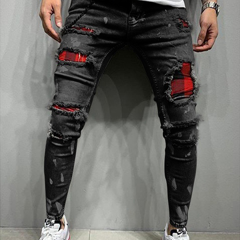 Men Pure Color Grid Jeans Gray Patchwork Hip Hop Pants Slim Fit Elastic Hip-hop Style Pencil 220408