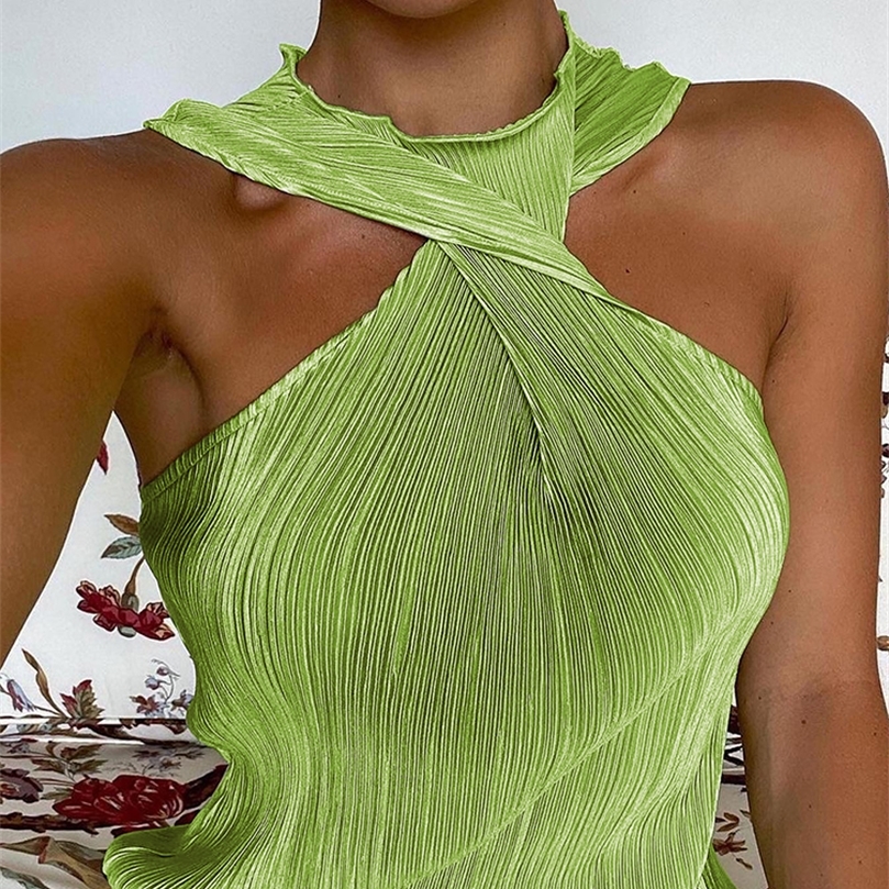 OOTN Sexy Dress Pleated Fabric Halter Criss-Cross Bodycon High Street Mini Dress Stretch Sleeveless Slender Summer Dress Women 220511