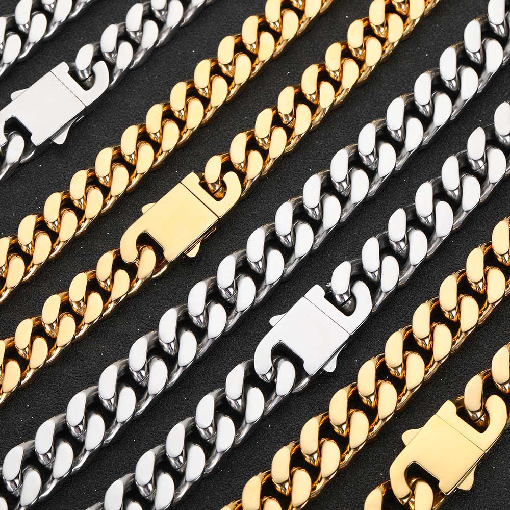 Cuban Link Chain Necklace Bracelet Jewelry Set Heavy 18K Gold Plated Stainless Steel Metal Necklace for Boys Girls with Design Spring Buckle