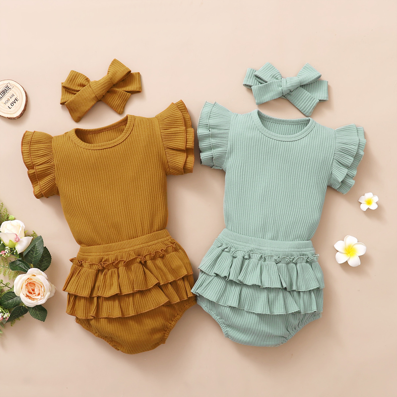 3Pcs Baby Girl Outfit Set born Toddler Girls Clothes Ruffle Heart Print Long Sleeve Romper Bodysuit PantsHeadband Infant 220607