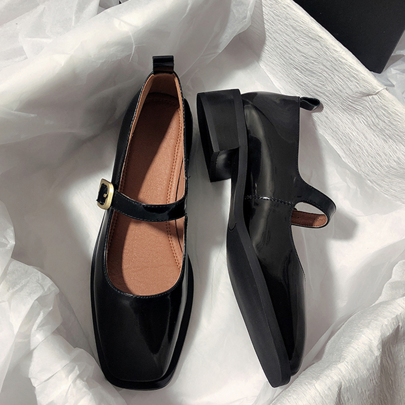 Rimocy Vintage Square Toe Patent Leather Shoes Women Ankle Strap Low Heel Mary Jane Shoes Woman Dark Brown Shallow Pumps 220402