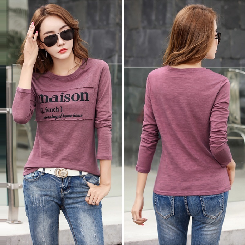 Spring Korean Long Sleeve T Shirt Solid Color Bamboo Cotton Winter Blue Shirts Loose Coffee Letter O Neck Tops 220728