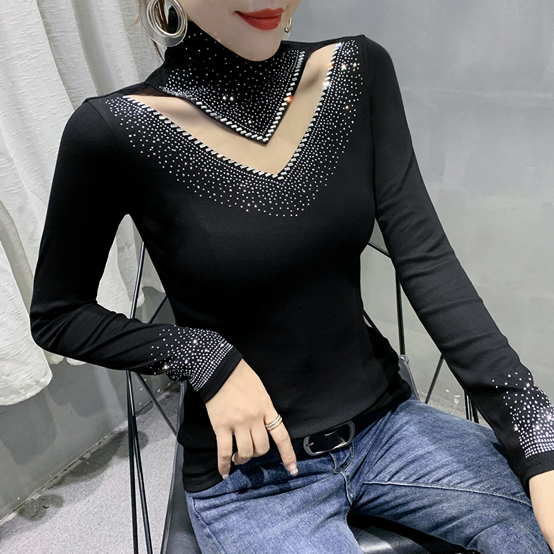 Spring Autumn Long Sleeve T-Shirt Fashion Casual Turtleneck Diamond Woman tshirts Elegant Slim Women's Tops Blusas 220411