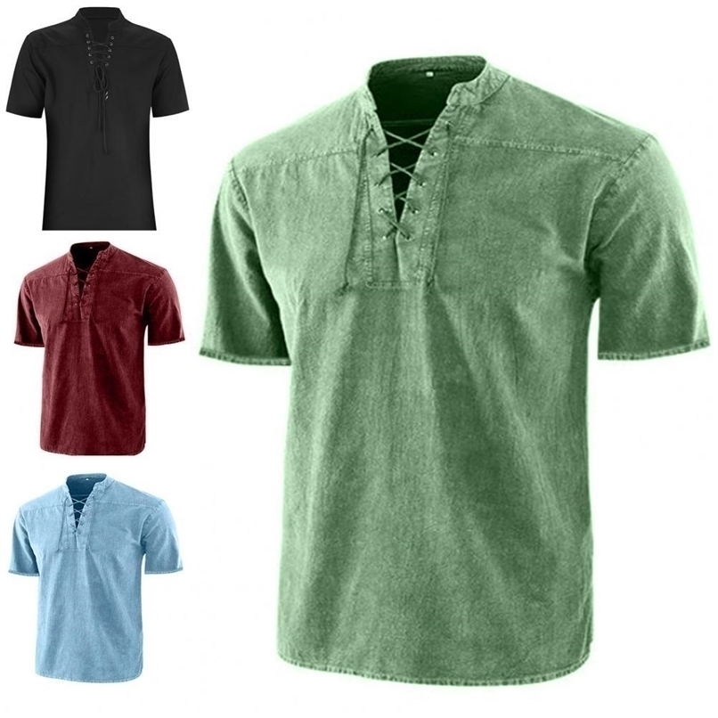 Men Stand Collar Front Lace Up Short Sleeve V Neck Slim Tshirt Streetwear for Daily Wear D220611