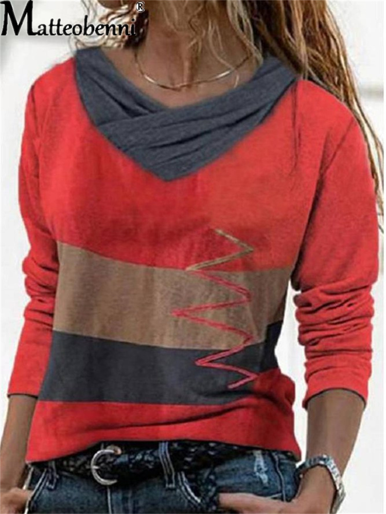 Women V Neck Contrast Color Irregular Stitching Stripes T Shirt Spring Autumn Long Sleeve Street Hipster Clothes Ladies Tee Tops 220714