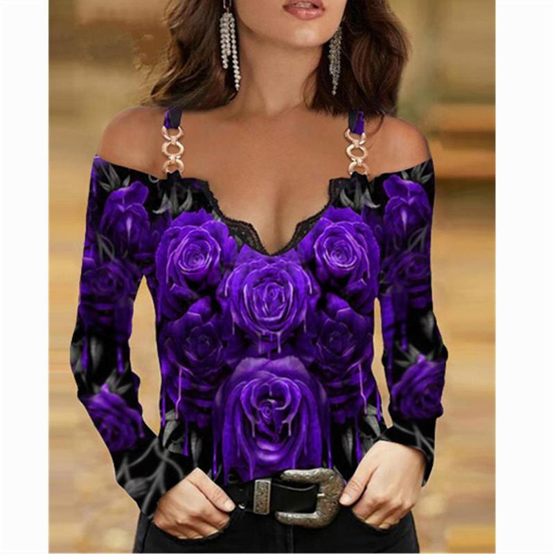 SNAKE YX Woman Tshirts Metal Shoulder Strap Long sleeved Lace Rose Print Oversized Sexy Tops Plus Fashion 220714