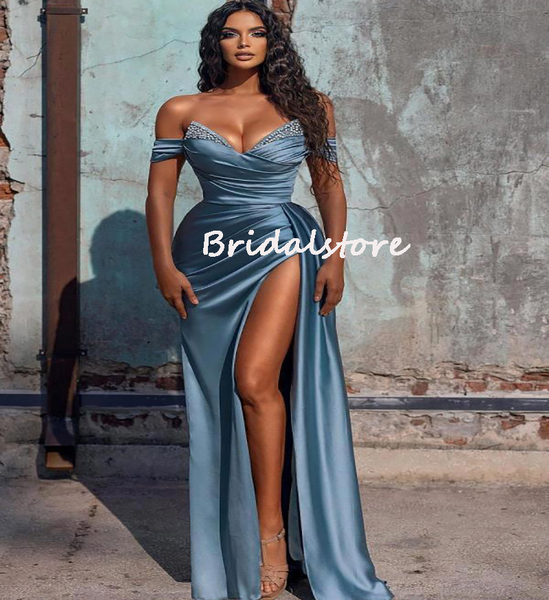 Off The Shoulder Dusty Blue Prom Dress 2022 With Beaded Sexy V Neck Mermaid Evening Dress High Slit Satin Formal Dinner Party WearSpecial Occasion Dre