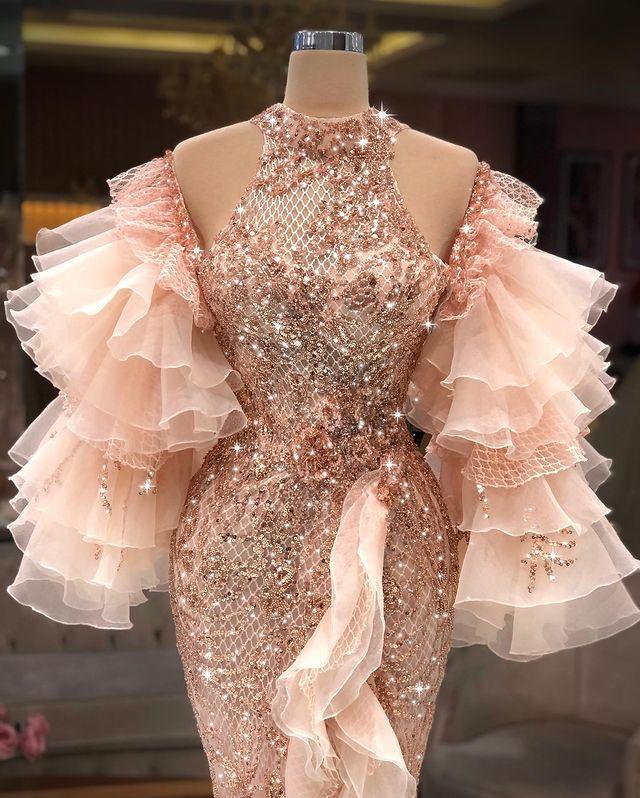 Lace Beaded High Neck Prom Dresses Pink Ruffles Mermaid Evening Dress Custom Made Sequined Front Split Women Formal Celebrity Party Gown
