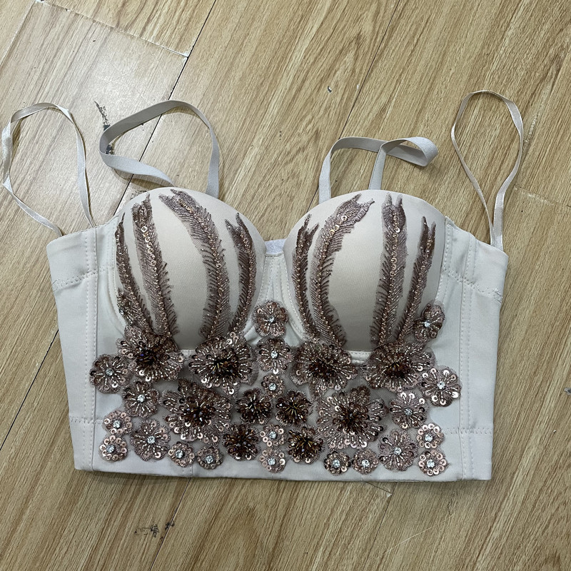 French Retro Camisole Women Beading Sequins Backless Crop Top Underwear Push Up Bustier Bra Nightclub Party Tank Tops 220325