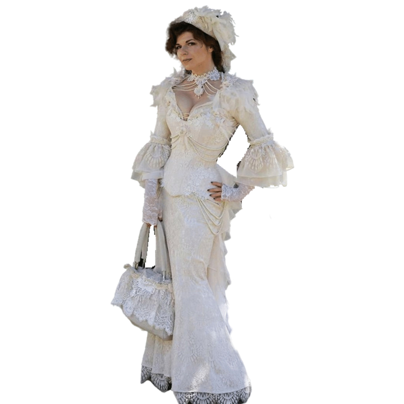 Vintage Victorian Lace Mermaid Evening Dresses Medieval Renaissance Masquerade Dress For Women Puff Long Sleeve Deep V-Neck Gothic Corset Party Prom G
