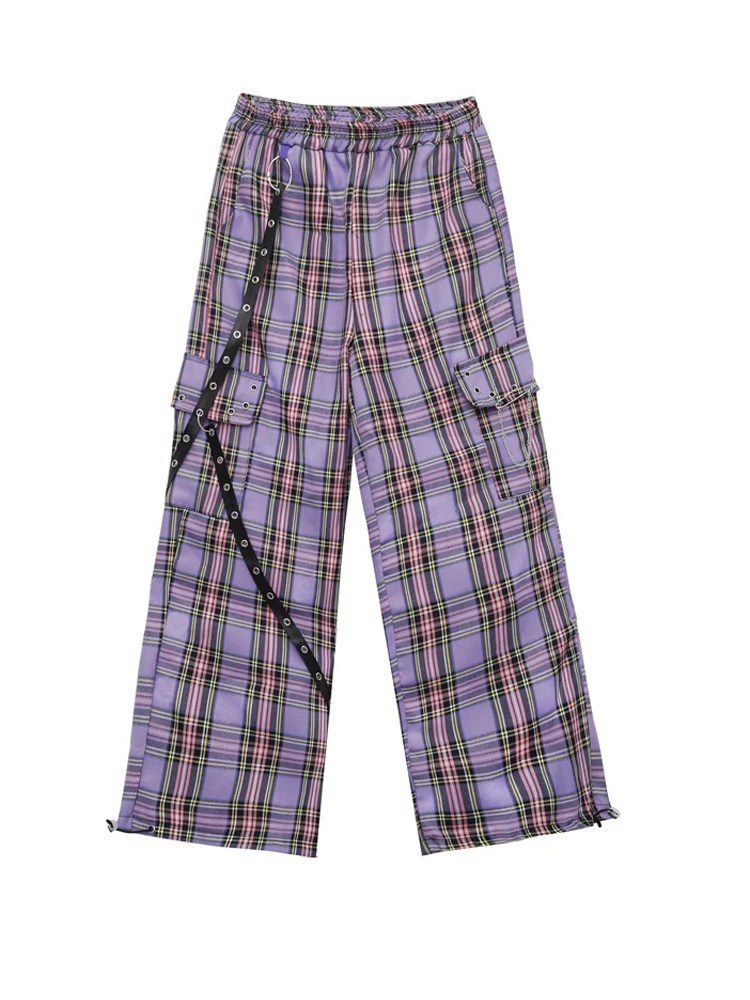 QWEEK Mall Goth Y2K Cargo Pant Hippie Purple Plaid Harajuku Streetwear Chain Checked Trousers Famale High Waist Aesthetic 220325
