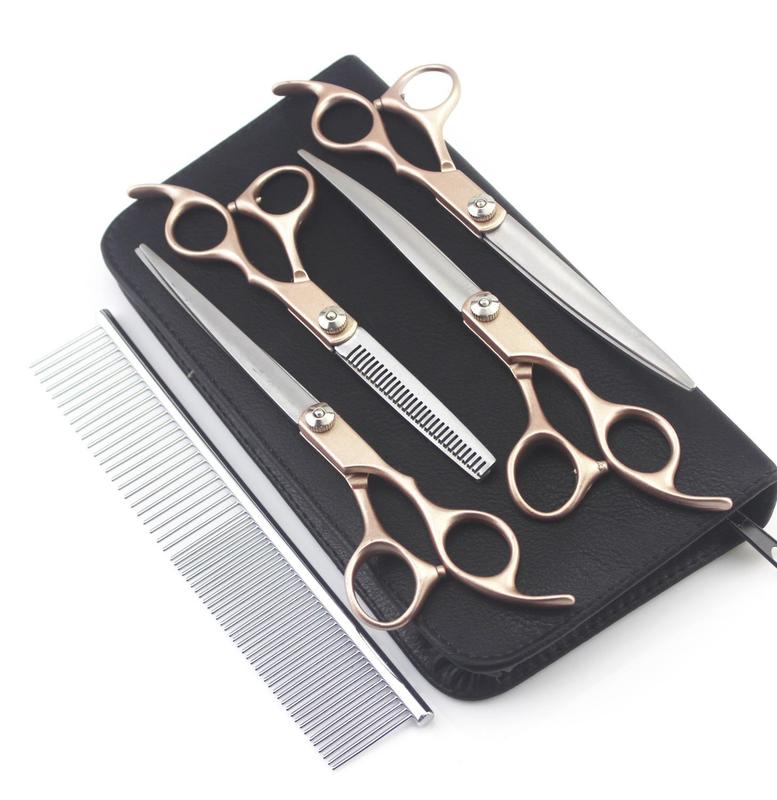 4PCS 7inch Gold Handle Scissors Professional Dog Grooming Hairdressing Shear Set Curved kit pet groomer tools 220317