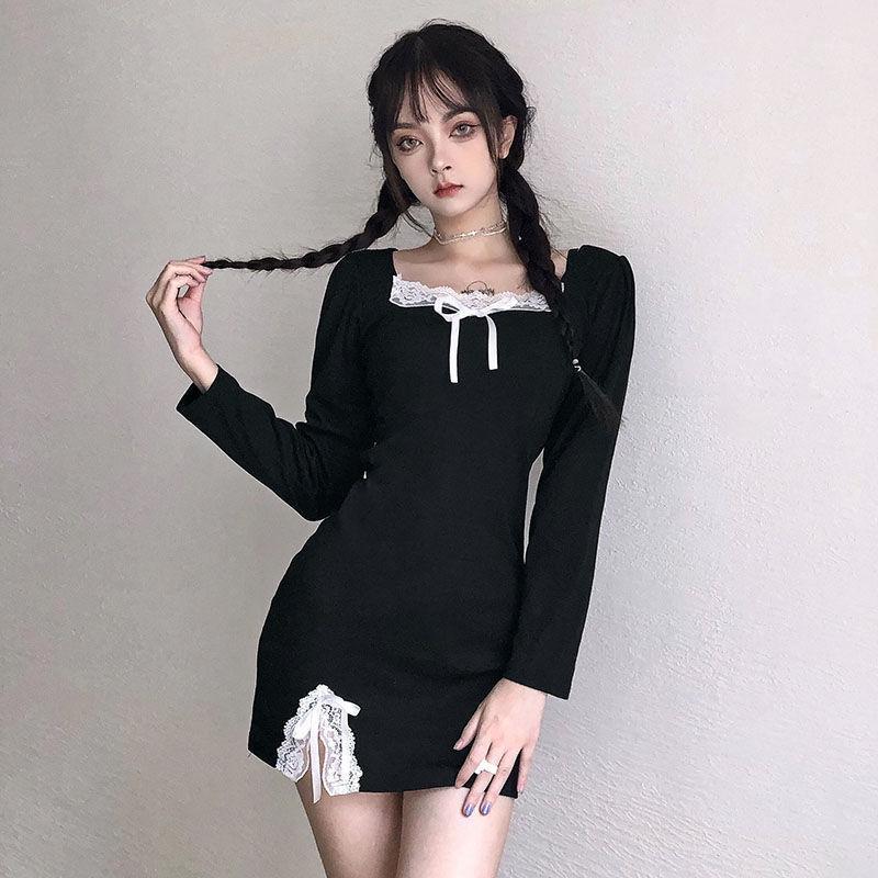 Casual Dresses French Girl Lace Dress Female Stitching Square Neck Slit Skirt Long-sleeved Bag Short Bottoming Little Black
Casual Dresses French Girl Lace Dress Female Stitching Square Neck Slit Skirt Long-sleeved Bag Short Bottoming Little Black