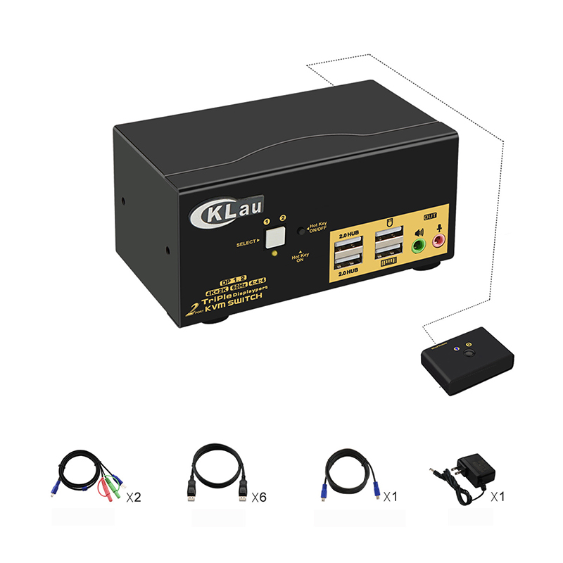 CKLAU DUAL PORT Triple Monitor KVM Switch DisplayPort avec sortie audio, hub USB 2.0 et câbles Supportez la résolution d'affichage étendue jusqu'