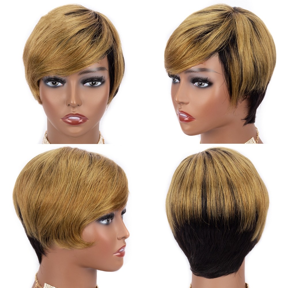 Short Pixie Cut Human Hair Wig Ombre Blonde Color Straight Bob Wigs With Bangs for Black Women Full Machine Made