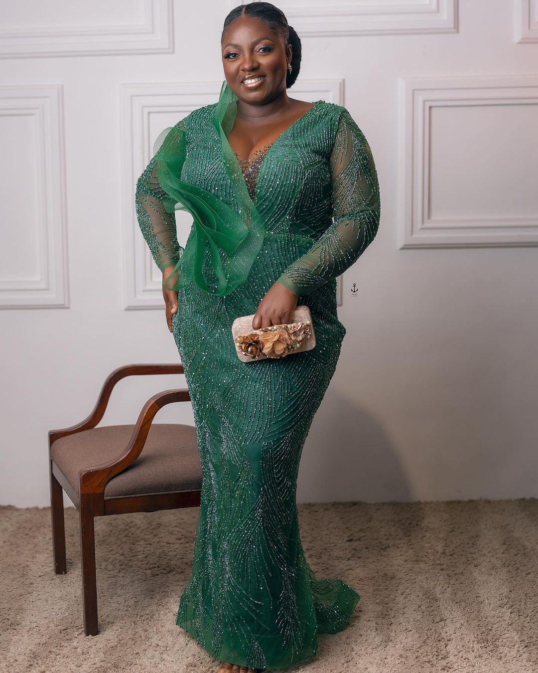 Plus Size Arabic Aso Ebi Green Mermaid Luxurious Prom Dresses Beaded Sheer Neck Evening Formal Party Second Reception Birthday Engagement Gowns Dress 