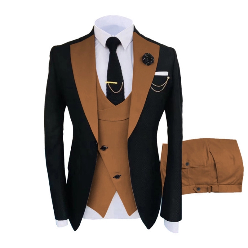 New Popular Black 3 Piece Suit Men Wedding Tuxedos Beige Notch Lapel Slim Fit Groom Tuxedos Men Dinner Prom Blazer(Jacket+Pants+Tie+Vest) 770