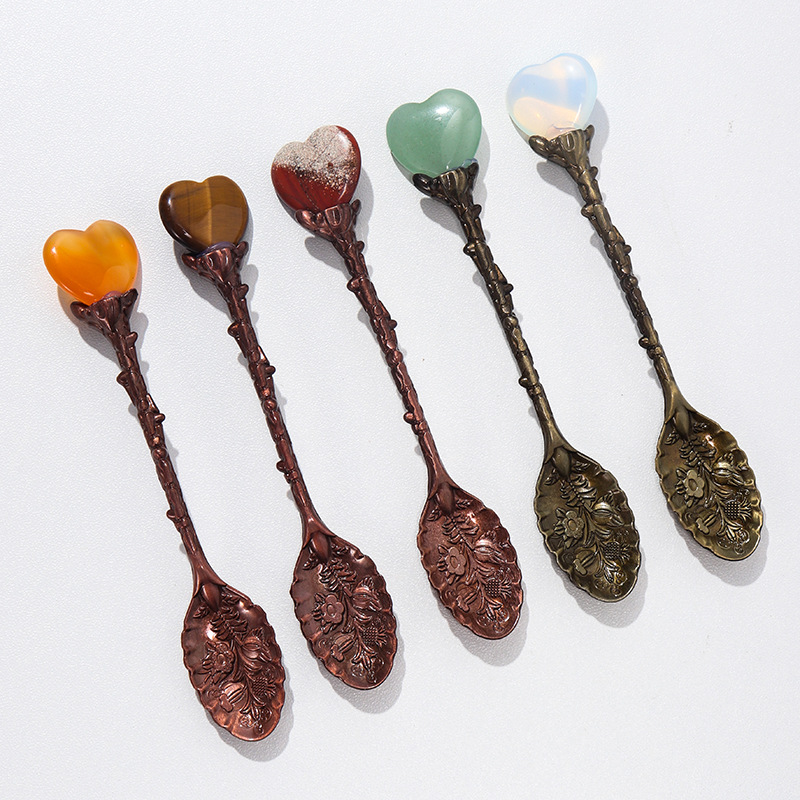 Natural Healing Crystal crafts love heart coffee Spoon Polished Reiki Chakra Gem Long Handle Stirring Small Spoon with white gift box