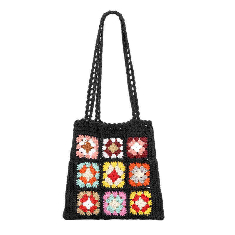 Bohemain Crochet Women Shoulder Bags Granny Square Tote Casual Knitted Handbags Handmade Woven Summer Beach Small Purse 220705