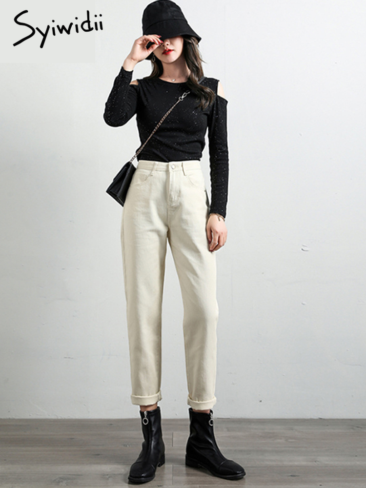 Syiwidii Beige High Waist Mom Jeans Women Korean Jean Boyfriend Jeans for Women Fashion Ladies Casual Denim Pants Jeans Woman 220815