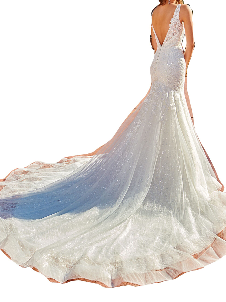 Sexy Mermaid Bridal Gowns Wedding Dresses Floral Applique with Sequins Court Train